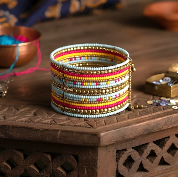 ποΈIndian Artisanal Beaded Boho Chic Cuff Bracelet | Pastel & Brass Statement πΌ - Picture 5 of 14